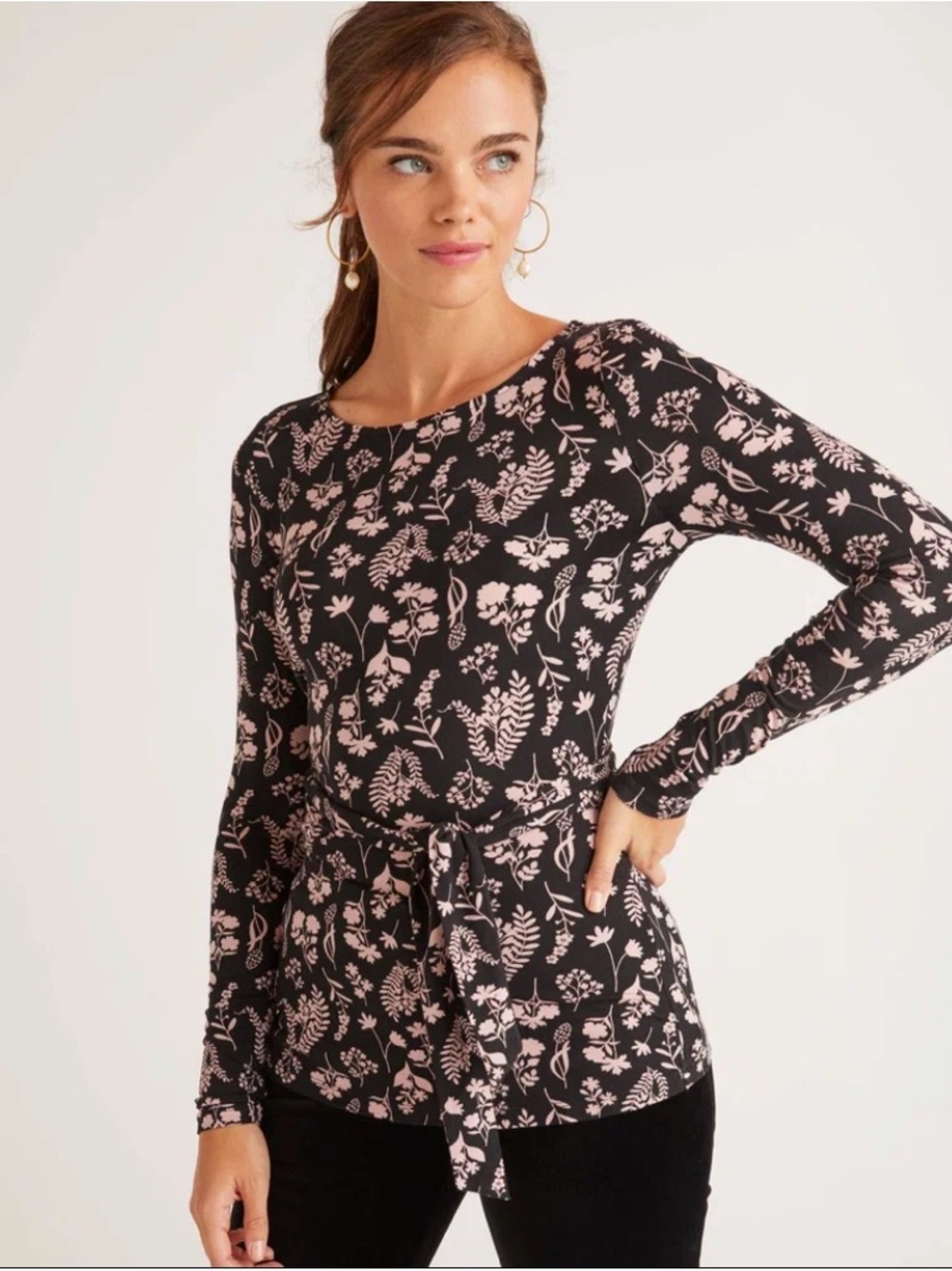 Boden Bernadette Long Sleeve Tie Waist Top in Botany Study Black/Pink Sz 6 NWOT